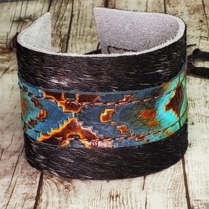 Hair on hide leather Navajo design bracelet
